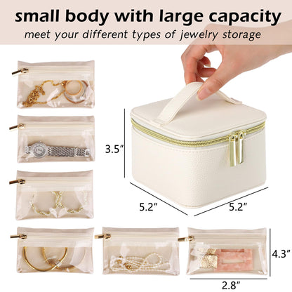 HofferRuffer Jewelry Box Organizer for Women Girls, Travel Jewelry Case with 6 Portable Zipper Bags, Jewelry Storage Ideal for Travel & Home Organization (6pcs-CreamWhite Faux Leather)