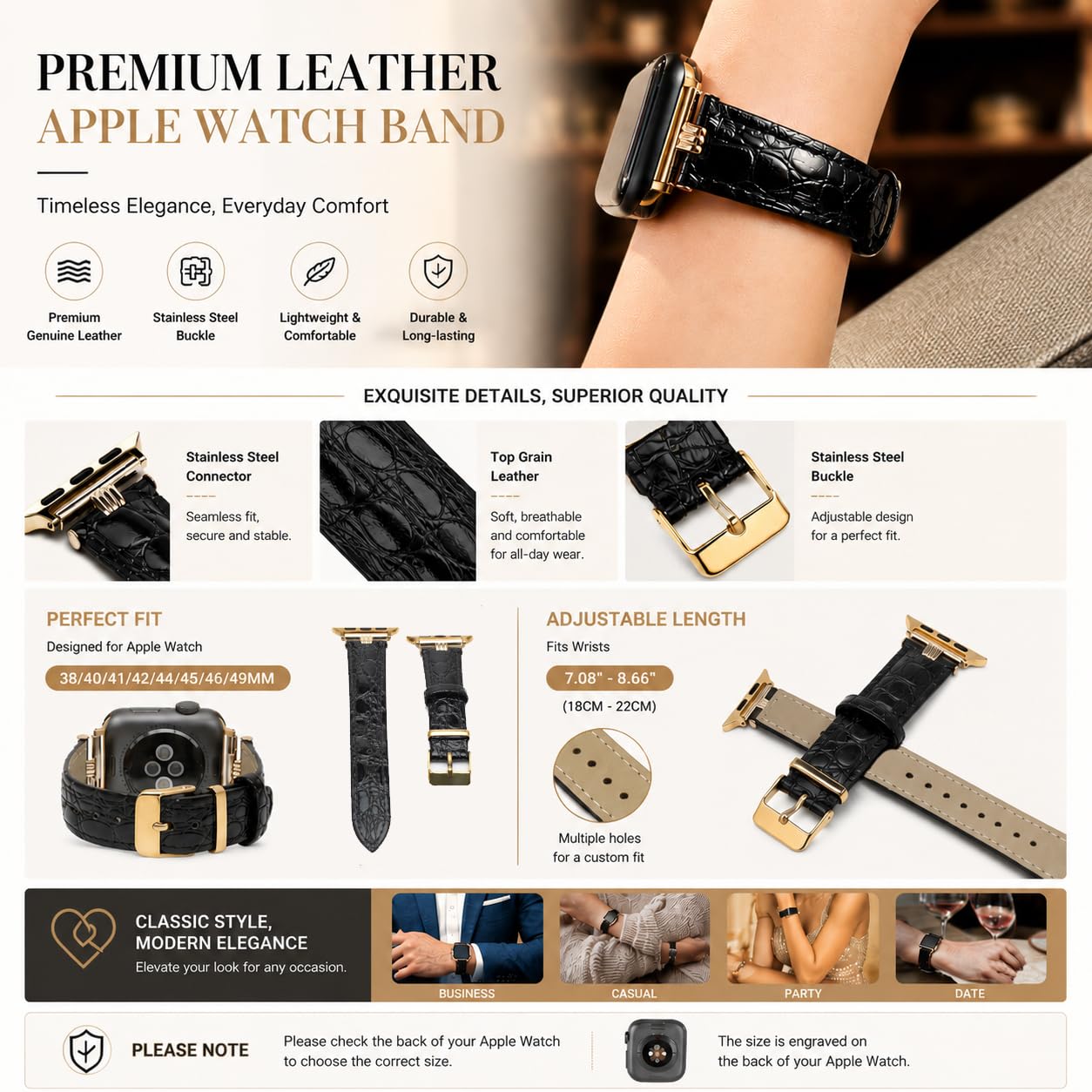 SNAKSTON Premium Faux Crocodile Leather Watch Band Compatible with Apple Watch Series Elegant Luxury Fashion Replacement Strap for Women Men Multi-Size Fit Luxury Multi-Tone Metal Buckle for iWatch Series 11/10/9/8/7/6/5/4/3/2/1/Ultra/SE (black, 42mm/44mm