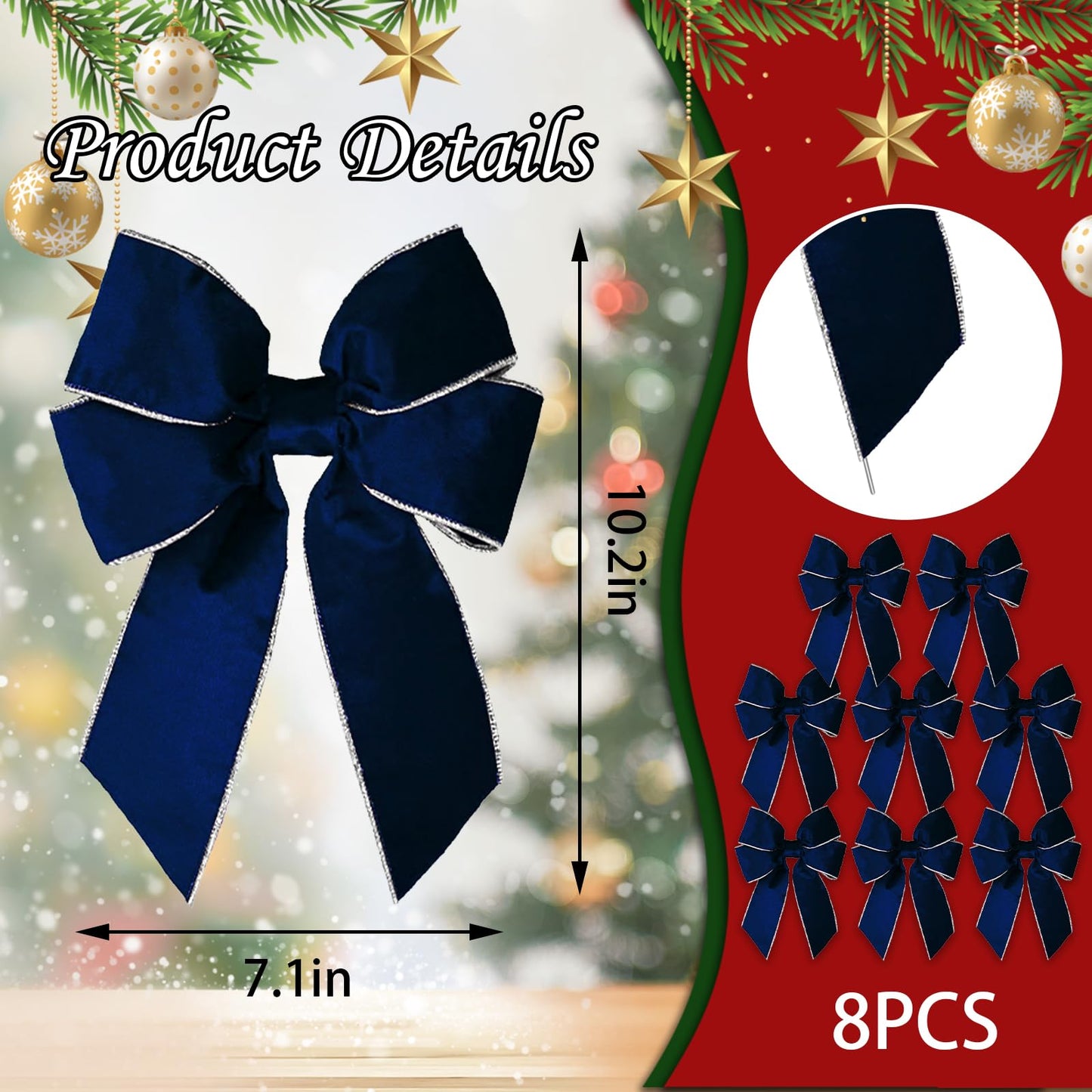 chmacura 8 Pieces Christmas Wreath Bow, Christmas Bows Blue Farmhouse Bow New Year Tree Topper Ornament Bow for Home Front Door Decorations