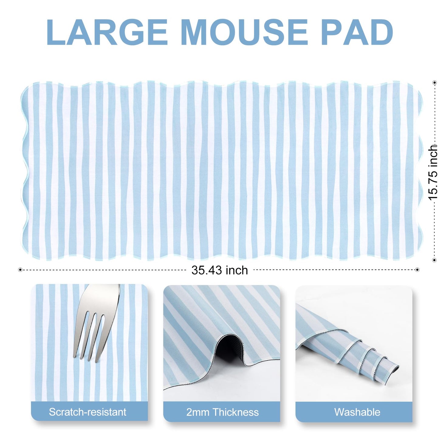 L-SPOUTTO Blue Striped Mouse Pad,Scalloped Desk Mat XXL Large Geometric Gaming Mousepad,35.4x15.7in Non-Slip Rubber Base Keyboard Pad Waterproof Desktop Mat for Laptop Computer Game Home Office