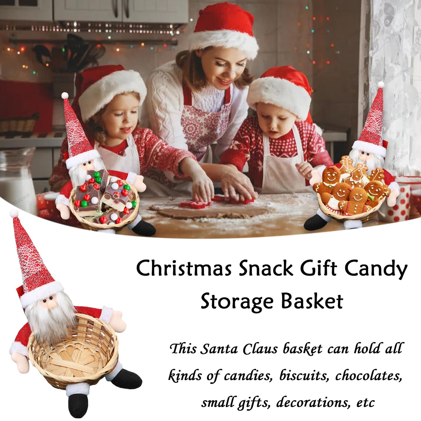 Ncozwo Christmas Candy Cookies Storage Basket Santa Claus Sweets Woven Holder Basket Xmas Snacks Bowl Candy Dish Gingerbread Chocolate Dessert Baskets for Party Winter Holiday Table Desk Decoration