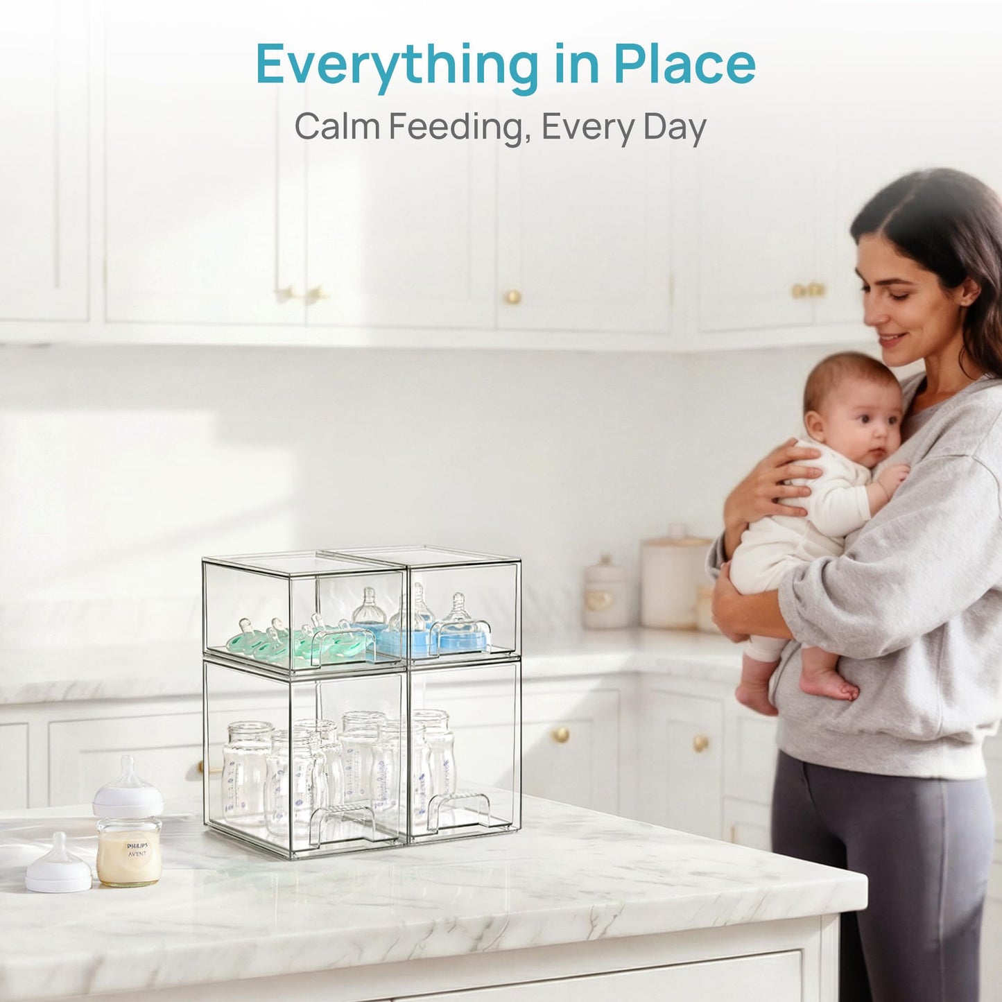Vtopmart Stackable Storage Drawers Set of 5, Clear Plastic Organizer Bins for Baby Bottle, Beauty Supplies Storage, Ideal for Kichen Countertop, Vanity, Bathroom, Cabinet, Pantry Organization