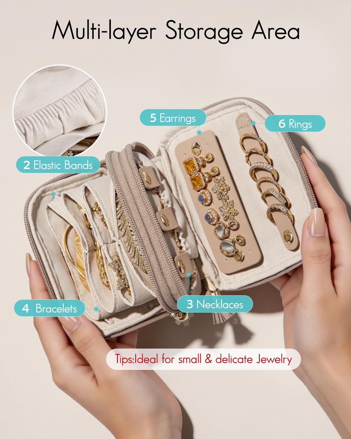 VLANDO Travel Jewelry Case,2-Layer Jewelry Organizer for Travel,Mothers Day Mom Gifts,Multi-Compartment Jewelry Storage for Rings Earrings Necklaces Bracelets-Toffee