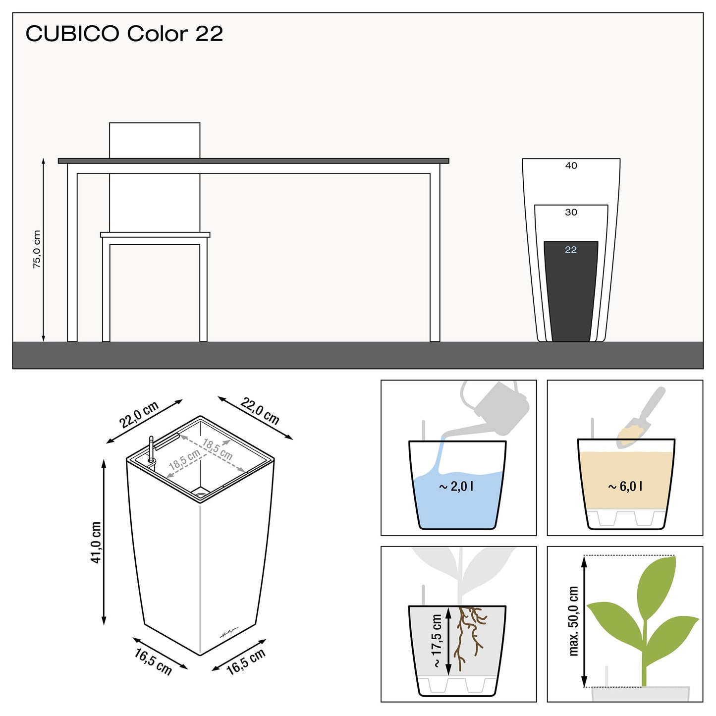 Lechuza Cubico Color 22 Self-Watering Planter with Water Level Indicator, White