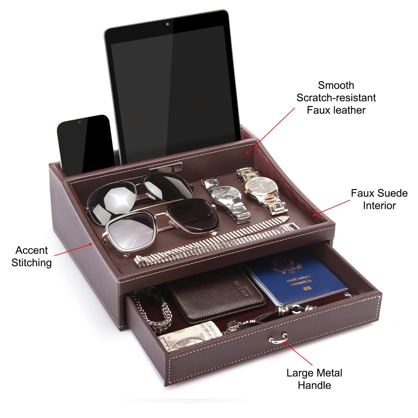 Baoyun Fathers Day Nightstand Organizer for Men, Mens Jewelry Box, Mens Dresser Organizer Countertop, Large Capacity Leather Valet Tray for Phones Pad Wallet Key Birthday Gifts for Men
