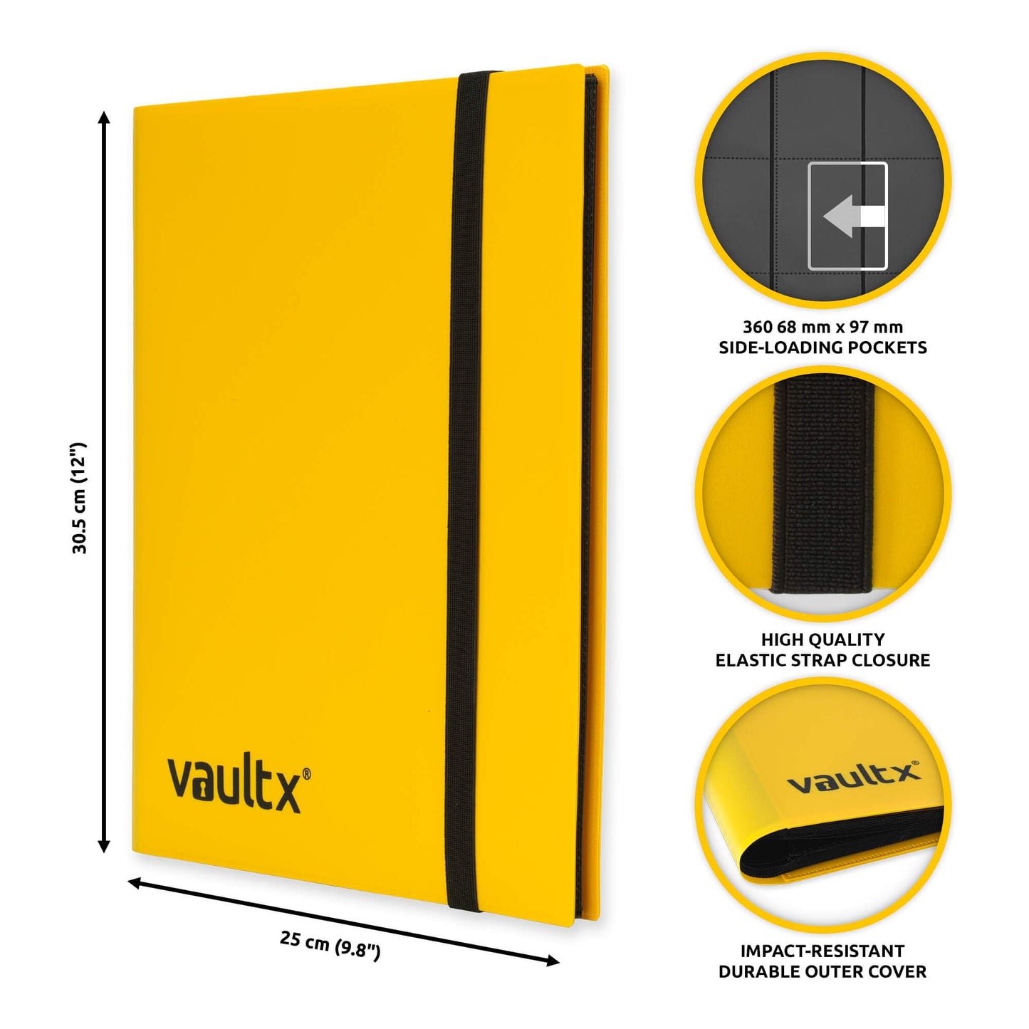 Vault X 9 Pocket Trading Card Strap Binder, 360 cards, Standard, 20 Side-Loading Pages, Folder for Collectible Card Games, Sports, TCG (Yellow)