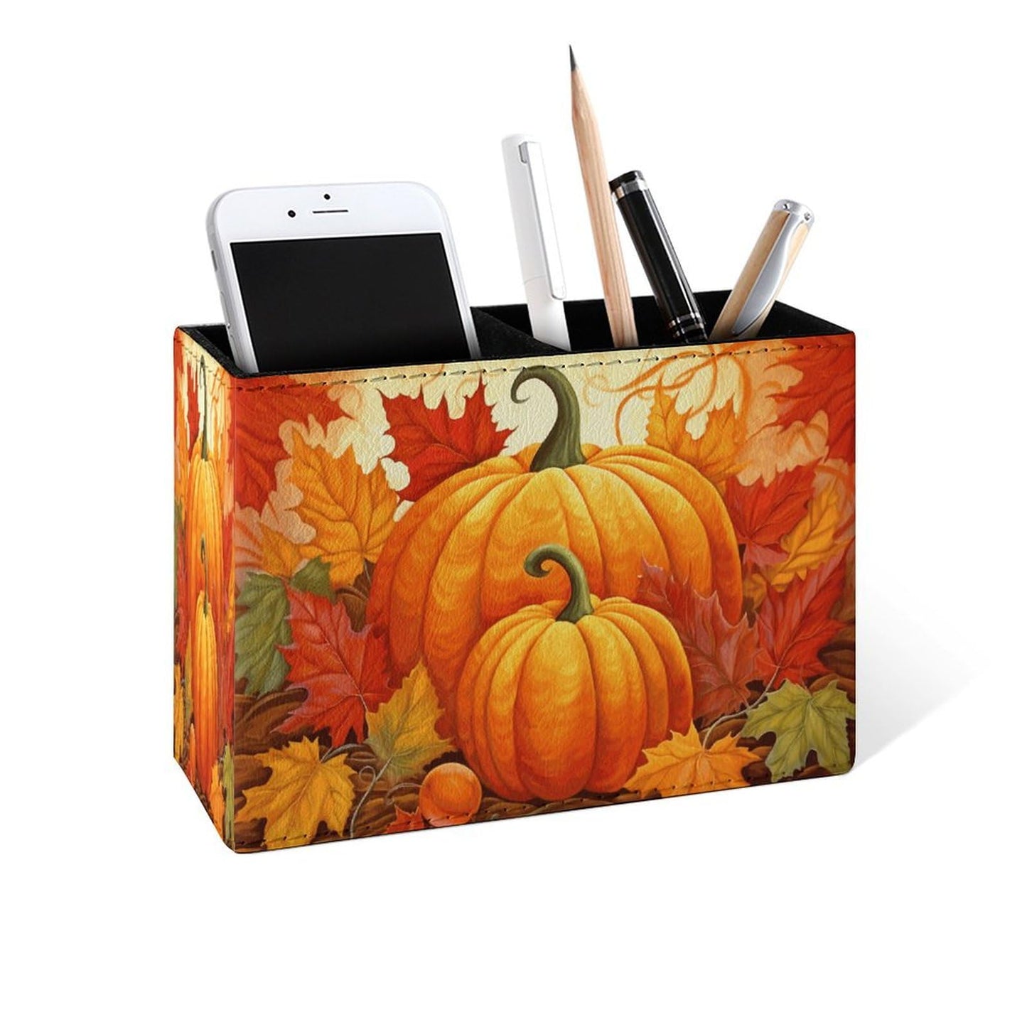 Famame Pumpkin Autumn Harvest Pencil Holder for Desk, Leather Desktop Container Pen Cup Storage Study Table Pen Organizer Makeup Brush Holder for Classroom Office Home