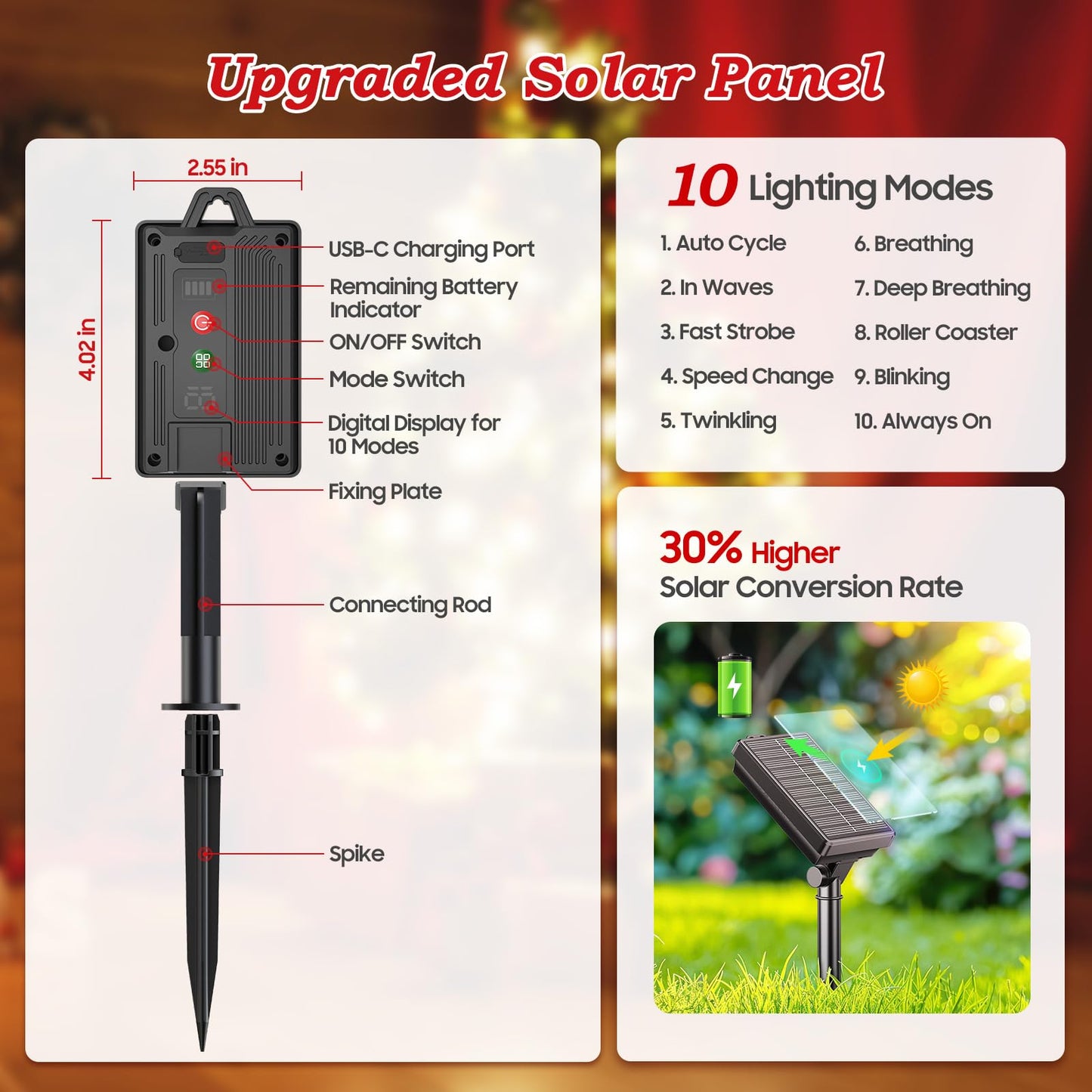 24 Pack Upgraded Solar Candy Cane Lights Outdoor, Christmas Decorations Outdoor Solar Christmas Pathway Lights Waterproof with USB Charging 10 Modes for Yard Garden Lawn Path Walkway Party Xmas Decor