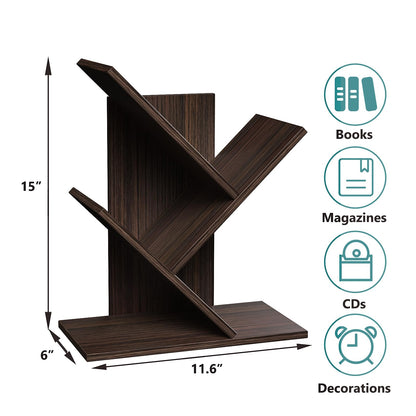 R RUISHENG 3 Tier Small Tree Bookshelf Desk Book Organizer Narrow Bookcases for Books Magazines CDs Free Standing Retro Wooden Storage Shelves for Home Office Bedroom Living Room Dark Walnut