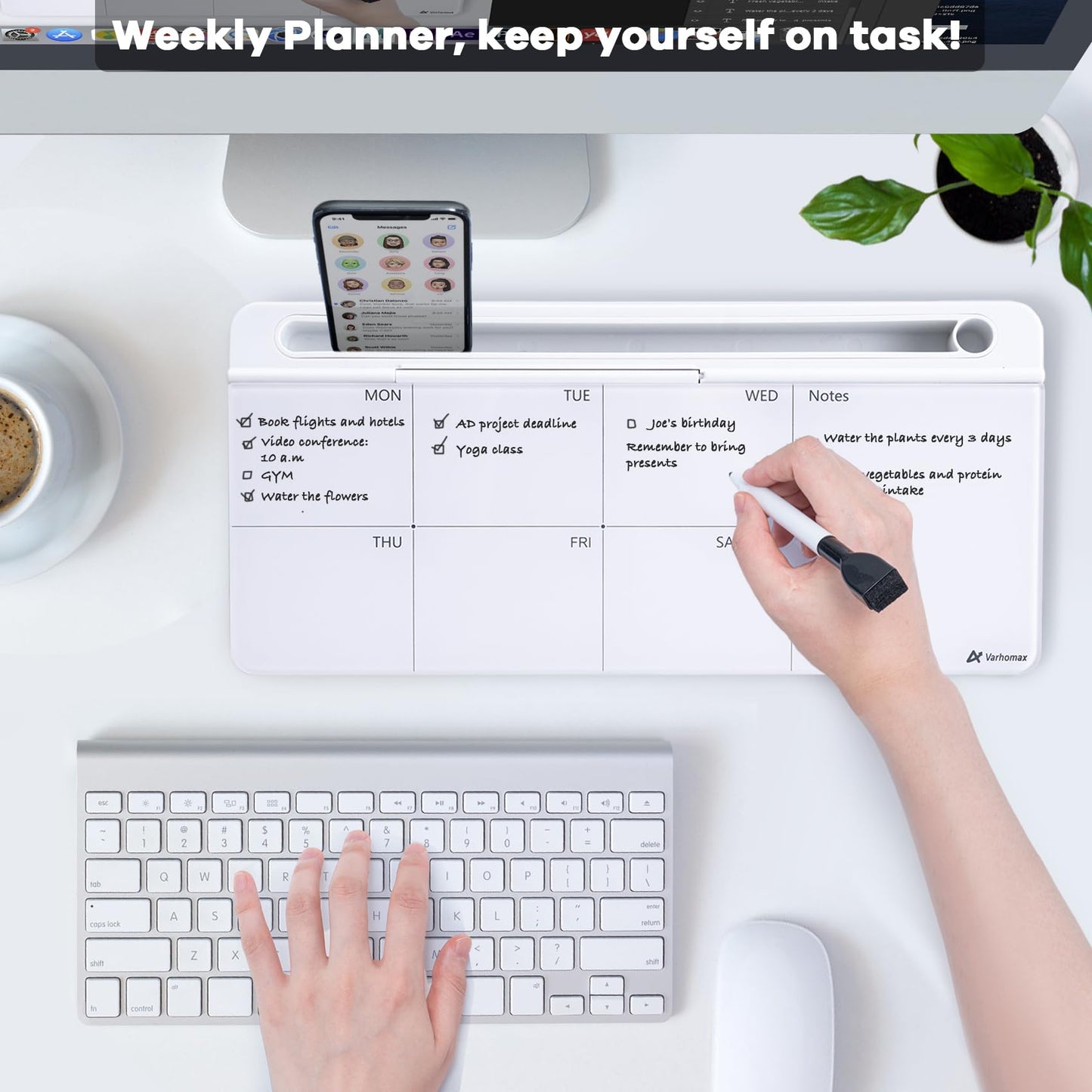 Varhomax Glass Weekly Dry Erase Desk White Board, Desktop to Do List Planner Whiteboard Calendar with Storage Caddy Memo for Home and Office, White
