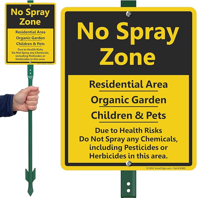 SmartSign 12" x 10" 'No Spray Zone Residential Area, Organic Garden, Children And Pets' LawnBoss Yard Sign with 3 ft Stake, 40 mil Laminated Aluminum, Black/Yellow, Set of 1, USA-Made