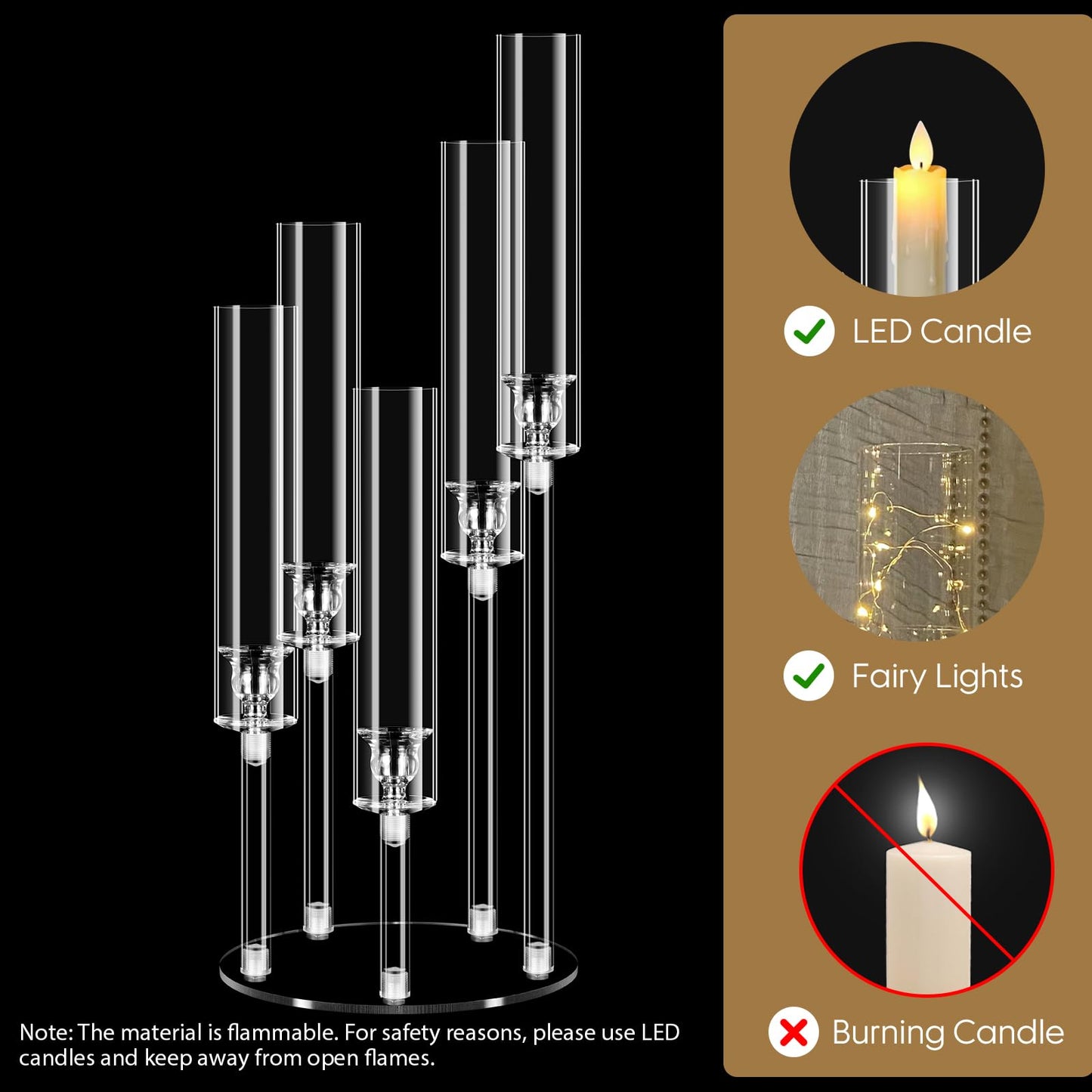 6 Sets 5 Arms Acrylic Candelabra Centerpieces for Tables,Clear Candle Holder for Wedding,Ceremony Dinner Party, 22.8" Tall Candlestick Holders with Lampshade,Fit LED Candle
