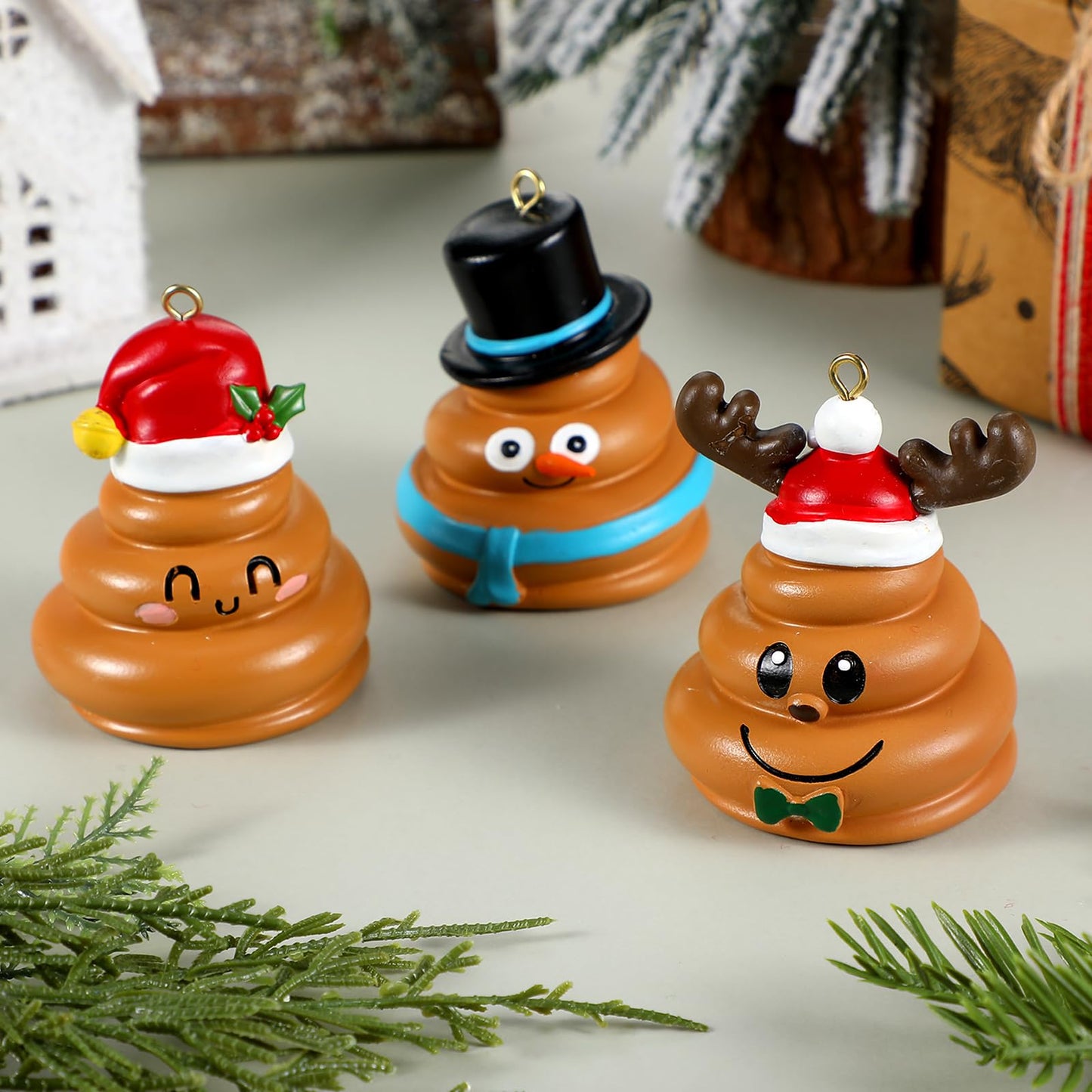 Burbell 3 Pcs Funny Christmas Ornaments for Tree Christmas Pooping Gag Gifts Resin Santa Hat Reindeer Snowman Hanging Ornaments Decor for Xmas Tree Naughty Holiday Party Favor, 3 Styles