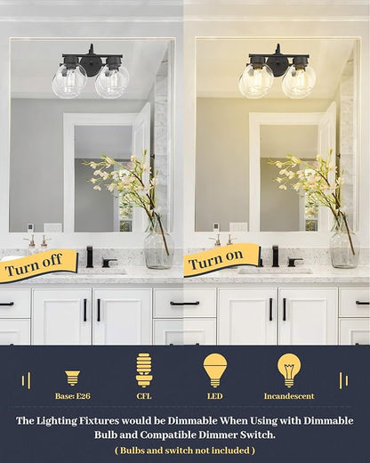 EAPUDUN 2-Light Matte Black Bathroom Light Fixtures Over Mirror, Vanity Lights for Bathroom with Clear Glass Shades, Industrial Wall sconces, WLA1434-BK