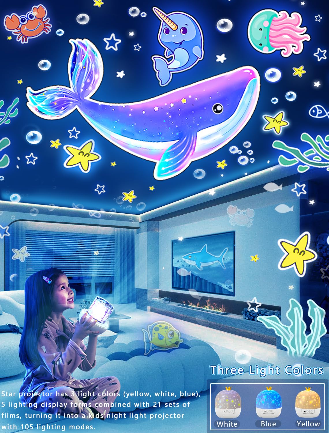 21 Sets of Films, Projector Night Light for Kids Bedroom, Ceiling, Kids Night Light Projector, Star Galaxy Projector with 360° Rotation Dimmable for Girls, Birthday, Christmas, Nursery, Room Decor