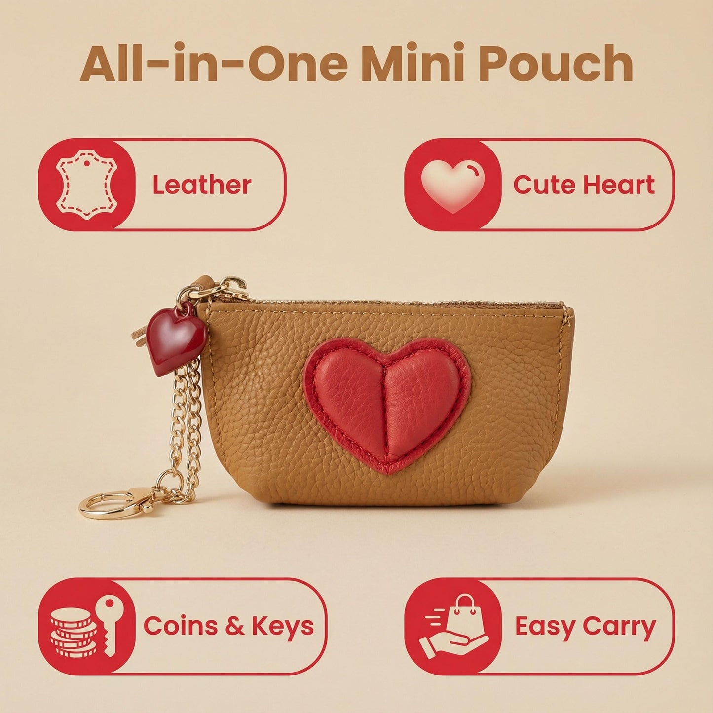 Red Heart Design Small Coin Purse - Cute Compact Keychain Change Purse Soft Leather Wallet with Zipper for Women (Brown)