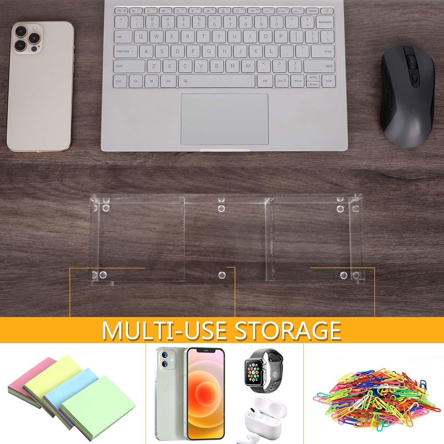 Dealpoli Acrylic 3in1 Sticky Note Holder Desk Organizer, 11.8" x 3.94" x 2.36" Self-Stick Memo Pad Dispenser for School Office Home Post Bank with 3 Compartments (DP003)