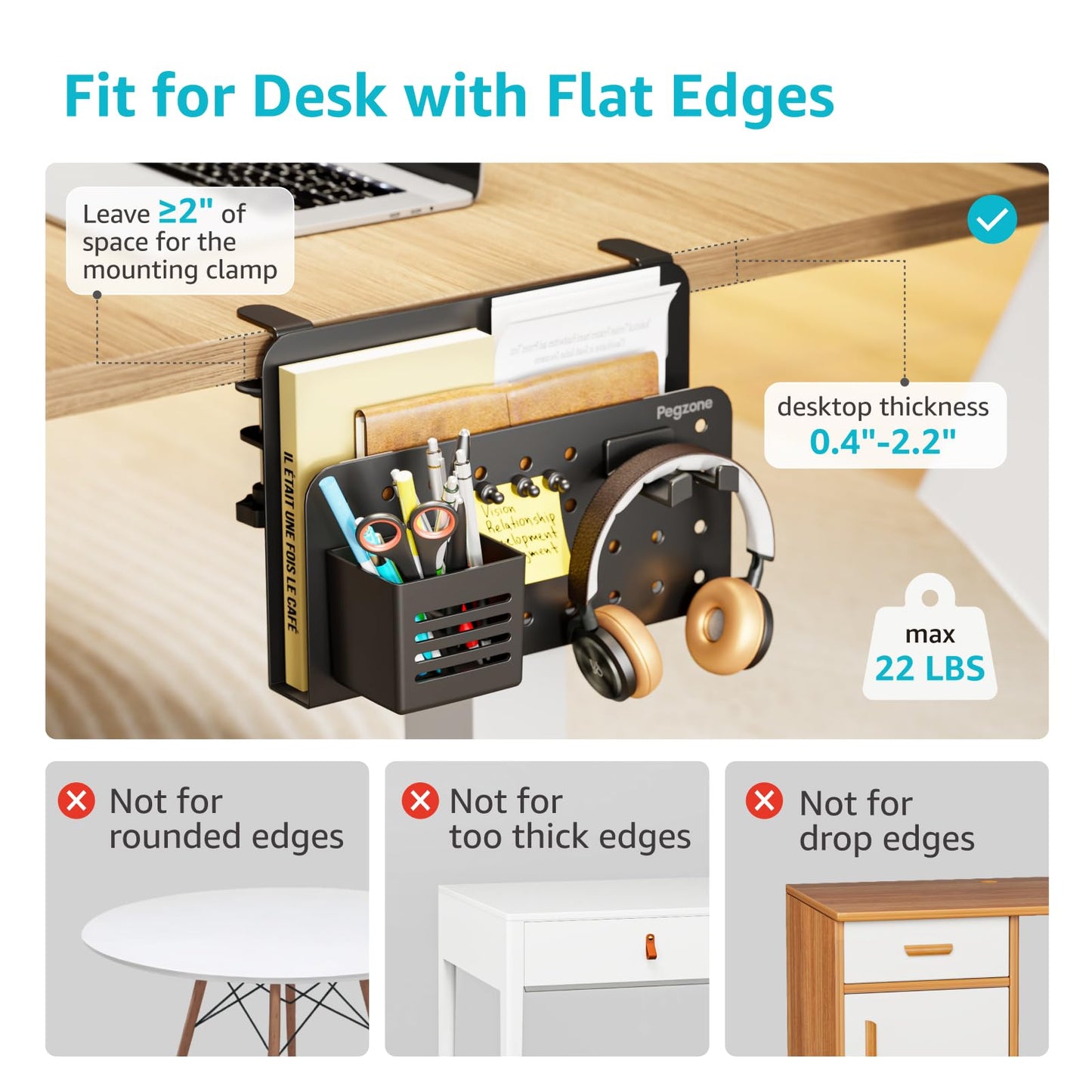 PEGZONE Desk Side Storage Organizer, No Drill Under Desk Laptop Holder, Clamp on Desks Shelf with Pegboard Accessories, Hanging Laptop Mount, Fits Flat Edge 0.4" to 2.2", Black