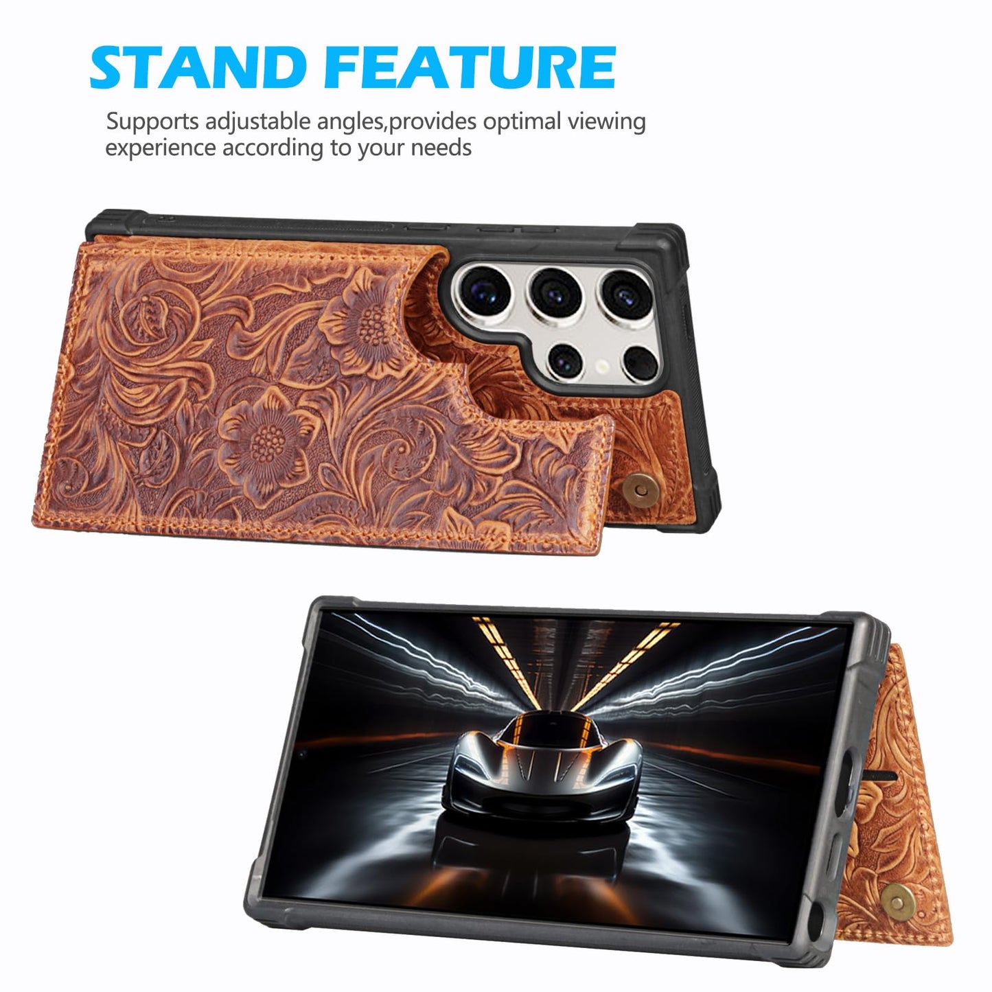 RMAWRAD Leather Case Compatible with Samsung Galaxy S24 Ultra Wallet 6.9",Genuine Leather Shockproof Anti-Fall Case, Flip Cover with Card Slot, Double Magnetic Buckle,Kickstand Durable Brown