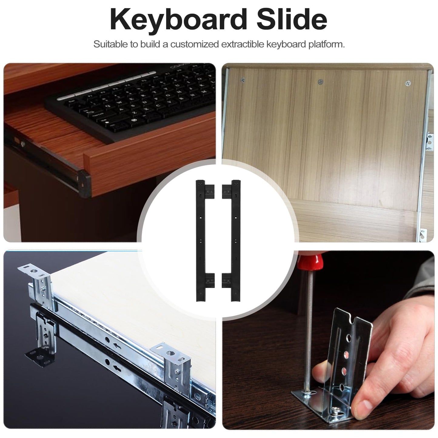 Veemoon Under Desk Keyboard Sliding Rails, 14-23 Inch Ball Bearing Slides Hardware Kit Pull Out Computer Keyboard Tray Slides Adjustable Hanging Rail Bracket Telescopic Drawer Runners (27MM Width)
