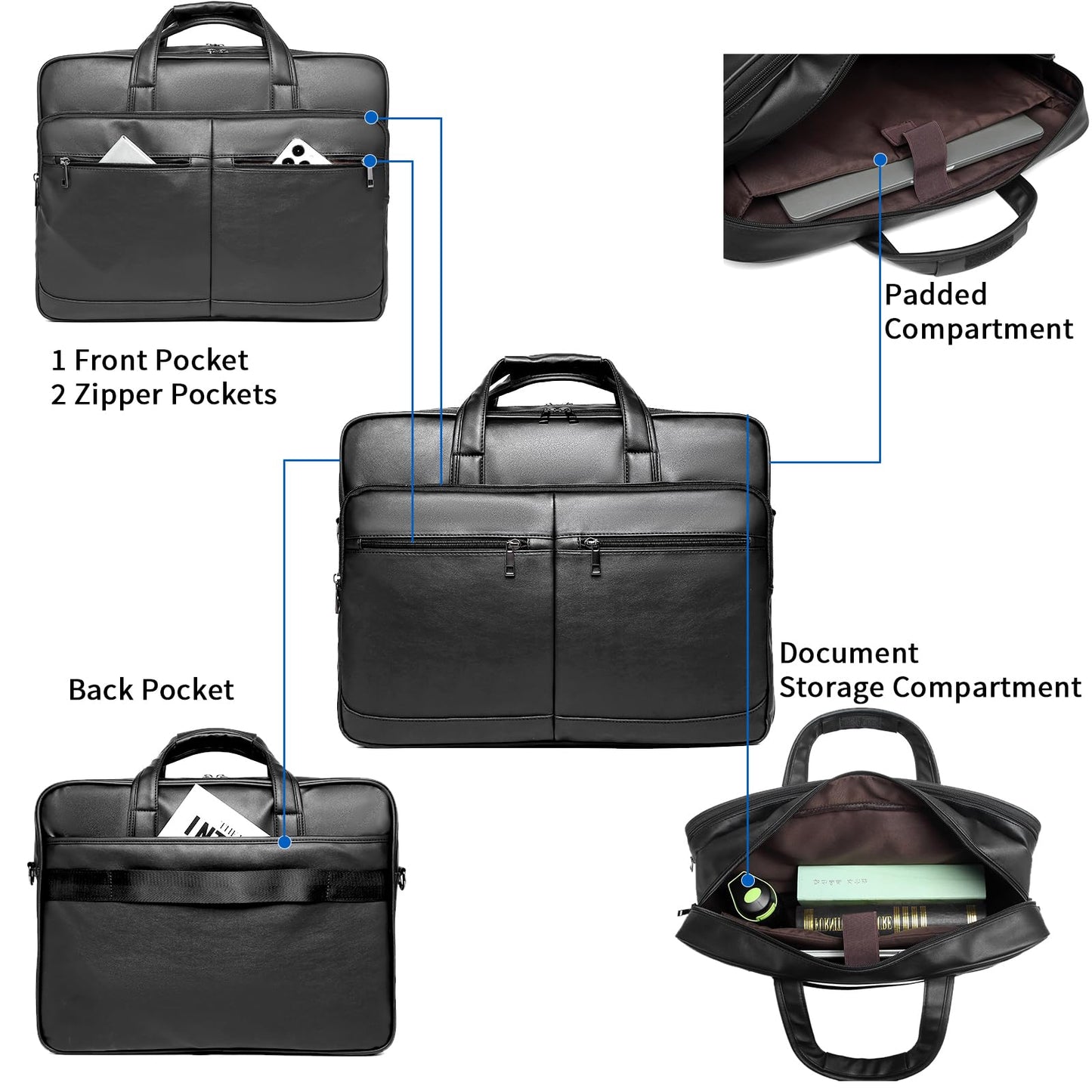 seyfocnia Men’s Leather Messenger Bag, 15.6 Inch Laptop Briefcase Satchel Computer Shoulder Bag Business Handbag-Black
