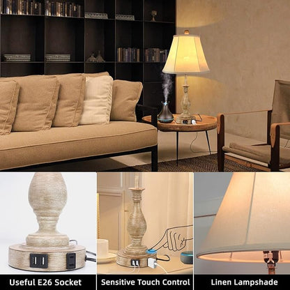 Farmhouse Table Lamp Touch Control 3-Way Dimmable Table Lamp, Modern Nightstand Lamp with 2 USB Port Bedside Desk Lamp with Fabric Shade for Living Room Bedroom Hotel (Pack 1-Beige Shade)