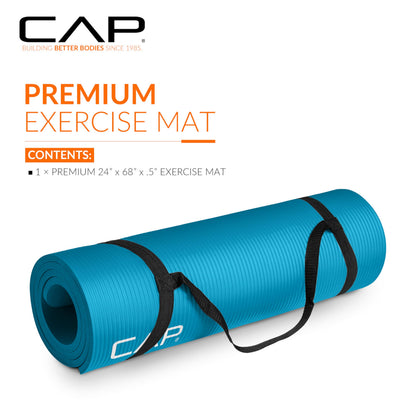CAP Barbell Yoga Mat 1/2" Thick with Carrying Strap - High Density Exercise Mat for Yoga, Pilates, Stretching, Floor & Fitness Workouts - 68''x24''x1/2" | Teal