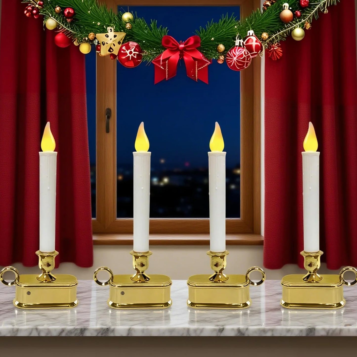 CHYSUPER 4Pack Dusk to Dawn Window Candles Battery Operated, Flameless LED Candles with Light Sensor & 3 Modes, Realistic Flickering Flame for Christmas Holiday Decor