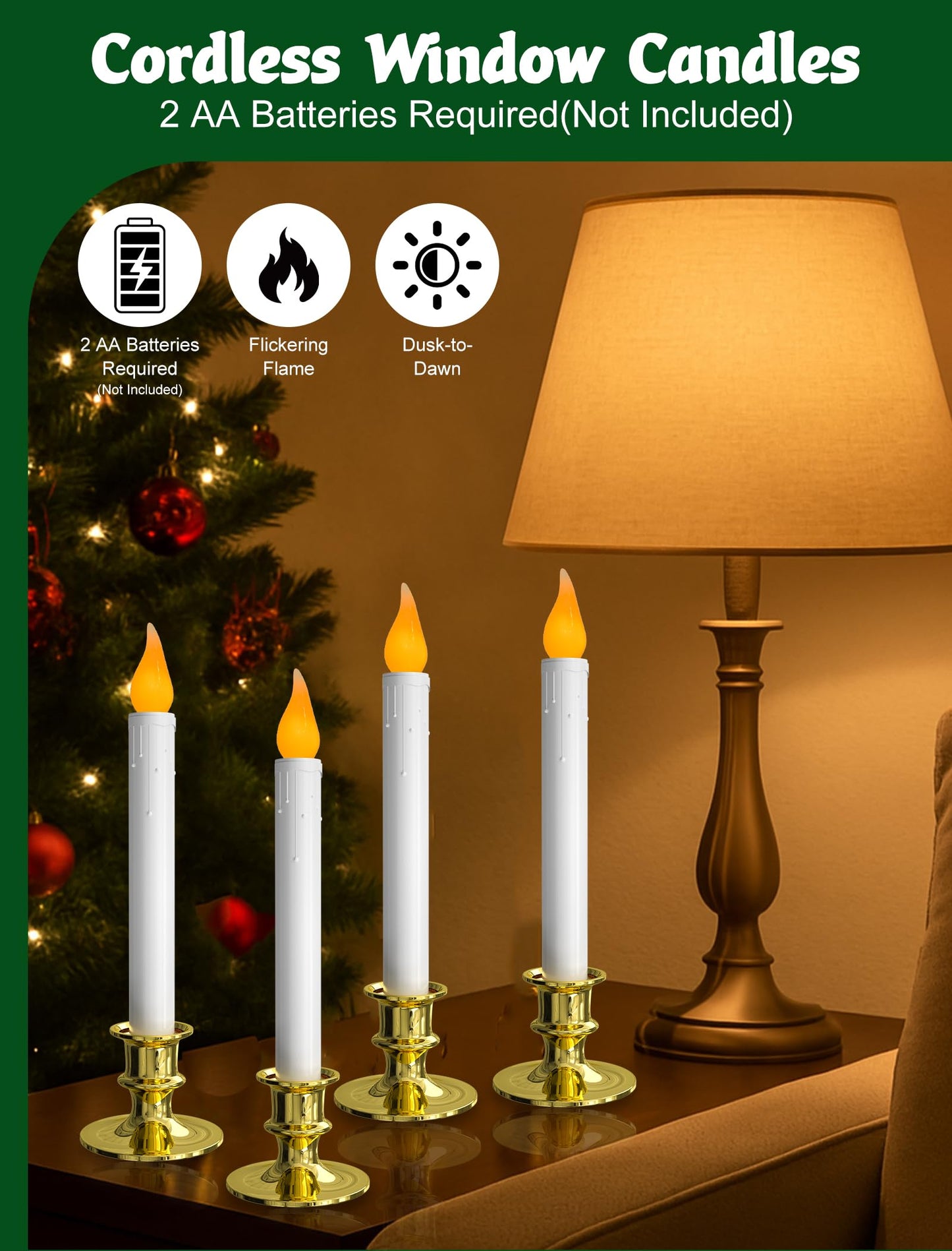Pallerina 4-Pack Flameless Window Candles Battery Operated with Timer,3D Flickering Flame, Battery Operated LED Candlesticks with Suction Cups for Christmas Holiday Home Window Decor