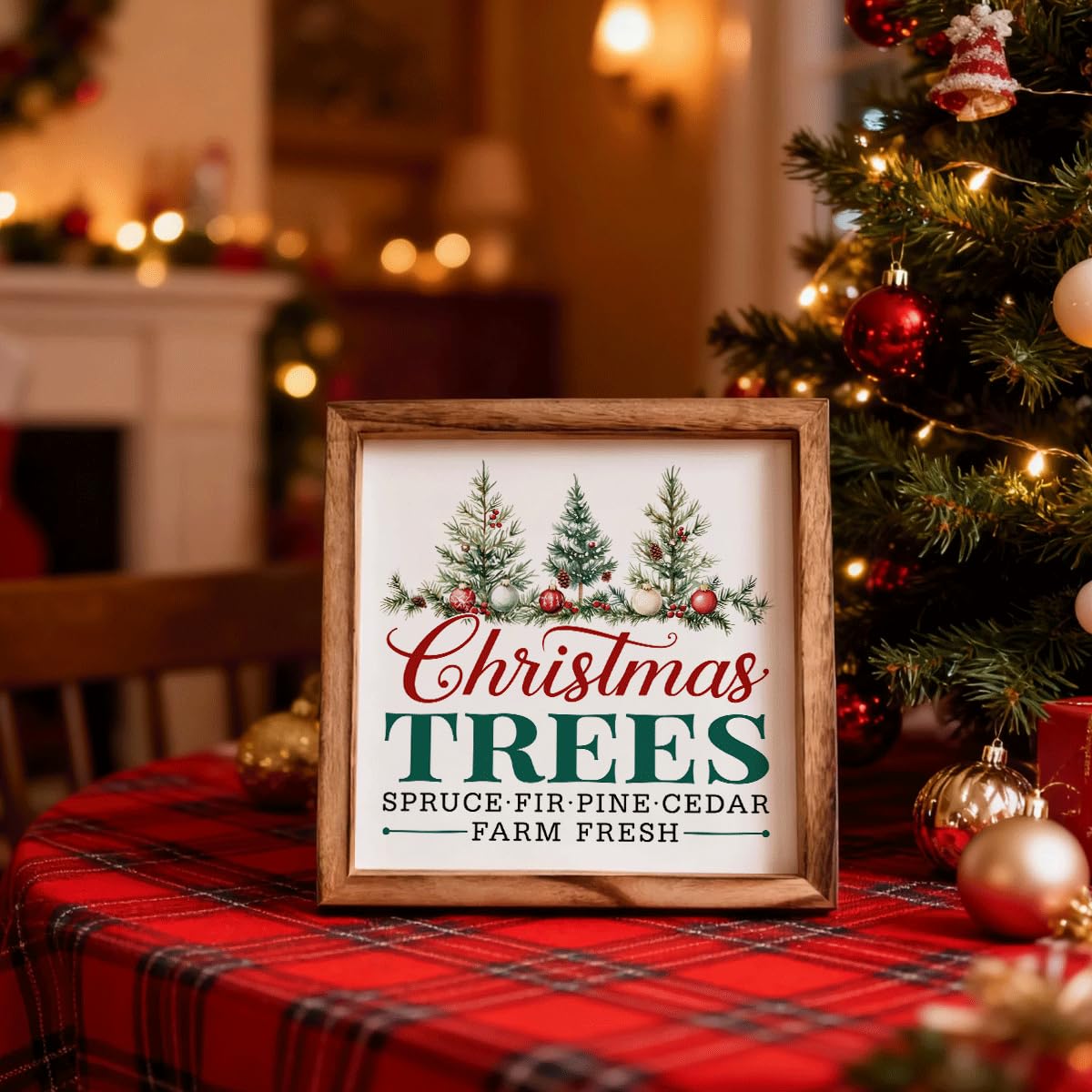 Christmas Wall Decor, Christmas Trees Farm Fresh Sign, Spruce Fir Pine Cedar Framed Wood Wall Accent for Rustic Living Room or Entryway, MDF Holiday Hanging Plaque