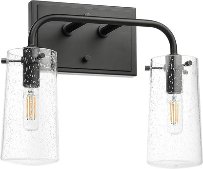 XiNBEi Lighting Bathroom Light Fixtures, Modern 2 Light Vanity Lights with Seeded Glass Matte Black Bath Wall Mount Fixture Over Mirror XB-W1283-2-MB