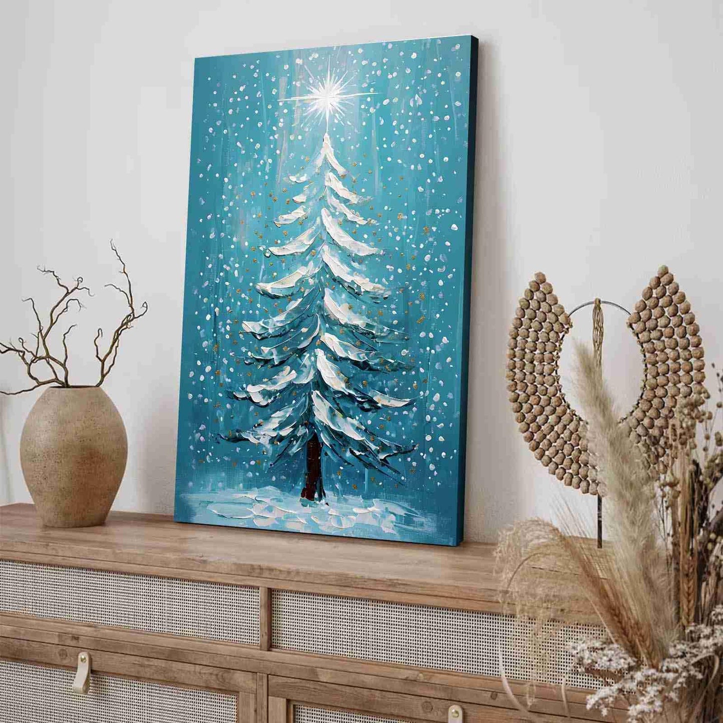 Framed Canvas Wall Art Blue Christmas Tree Print Merry Christmas Wall Decor Holiday Nature Gift Holiday Poster 8x12in Wood Framed