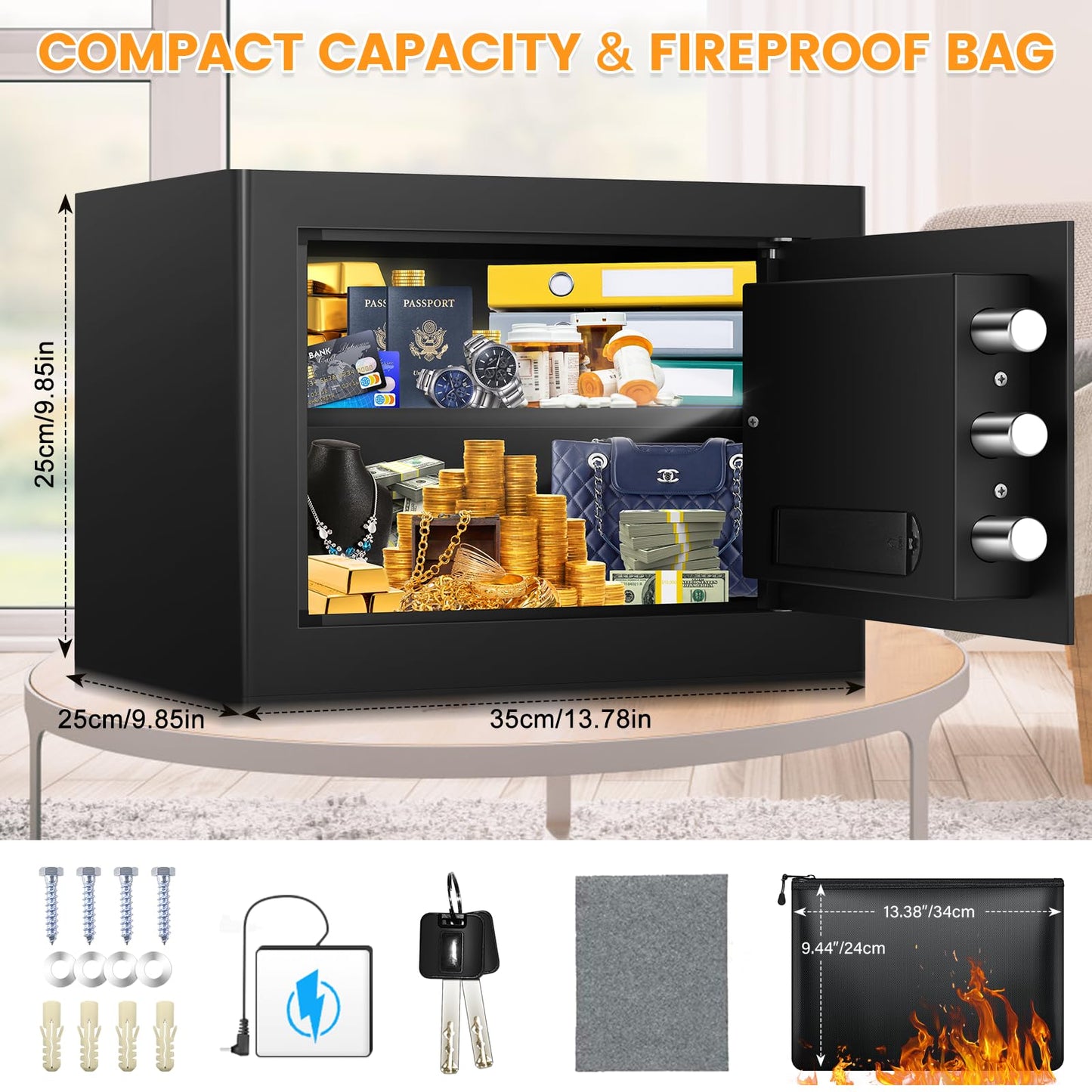 9.84"H Small Safe Box for Personal Privacy, 1.2 Cu Ft Security Safe with Fireproof Money Bag, Digital Safes with Combination Lock and Removable Shelf for Home Money Cash Medicine Documents