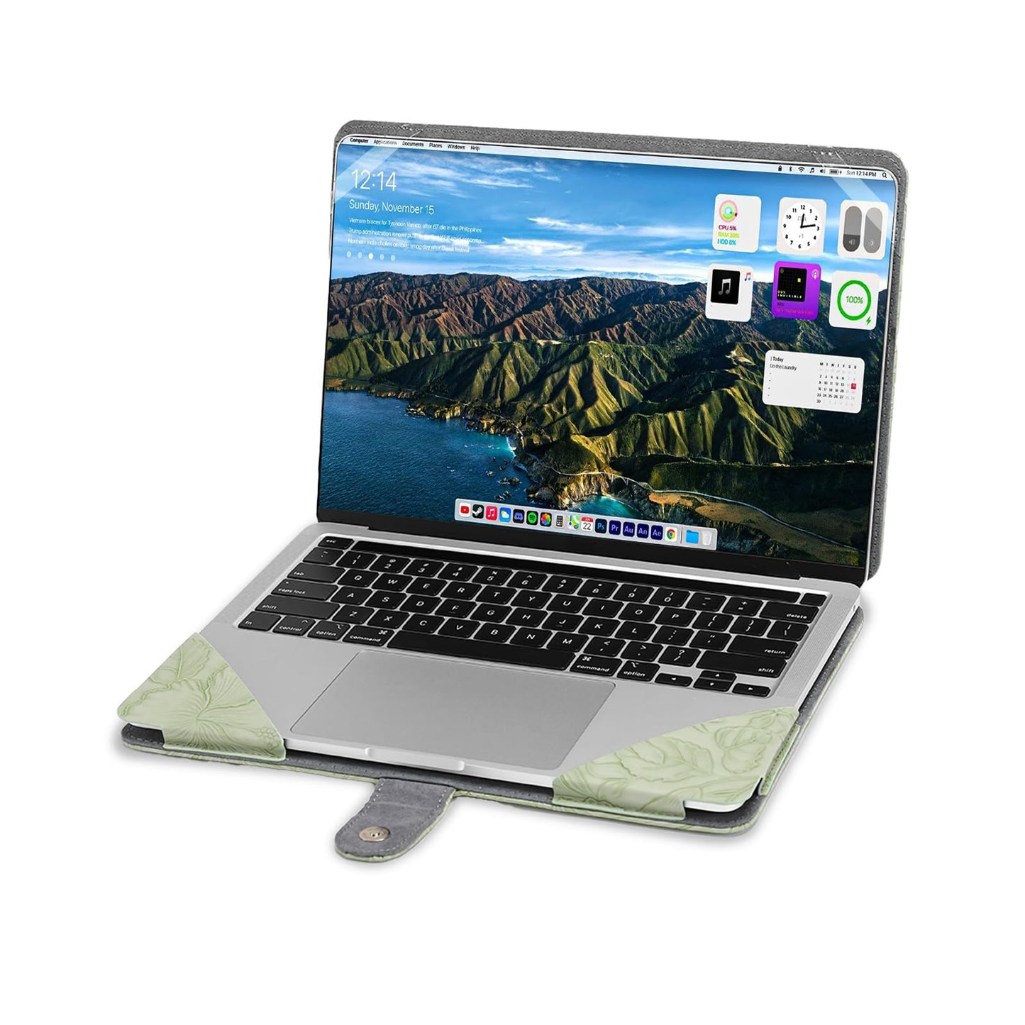 MOSISO Case Compatible with MacBook Air 13.6 inch M5 M4 M3 M2 2026-2022 /Air 13 M1 2022-2018 /Pro 13 M2 M1 2022-2016, Embossed Retro Hibiscus PU Leather Portfolio Protective Stand Cover, Sage Green