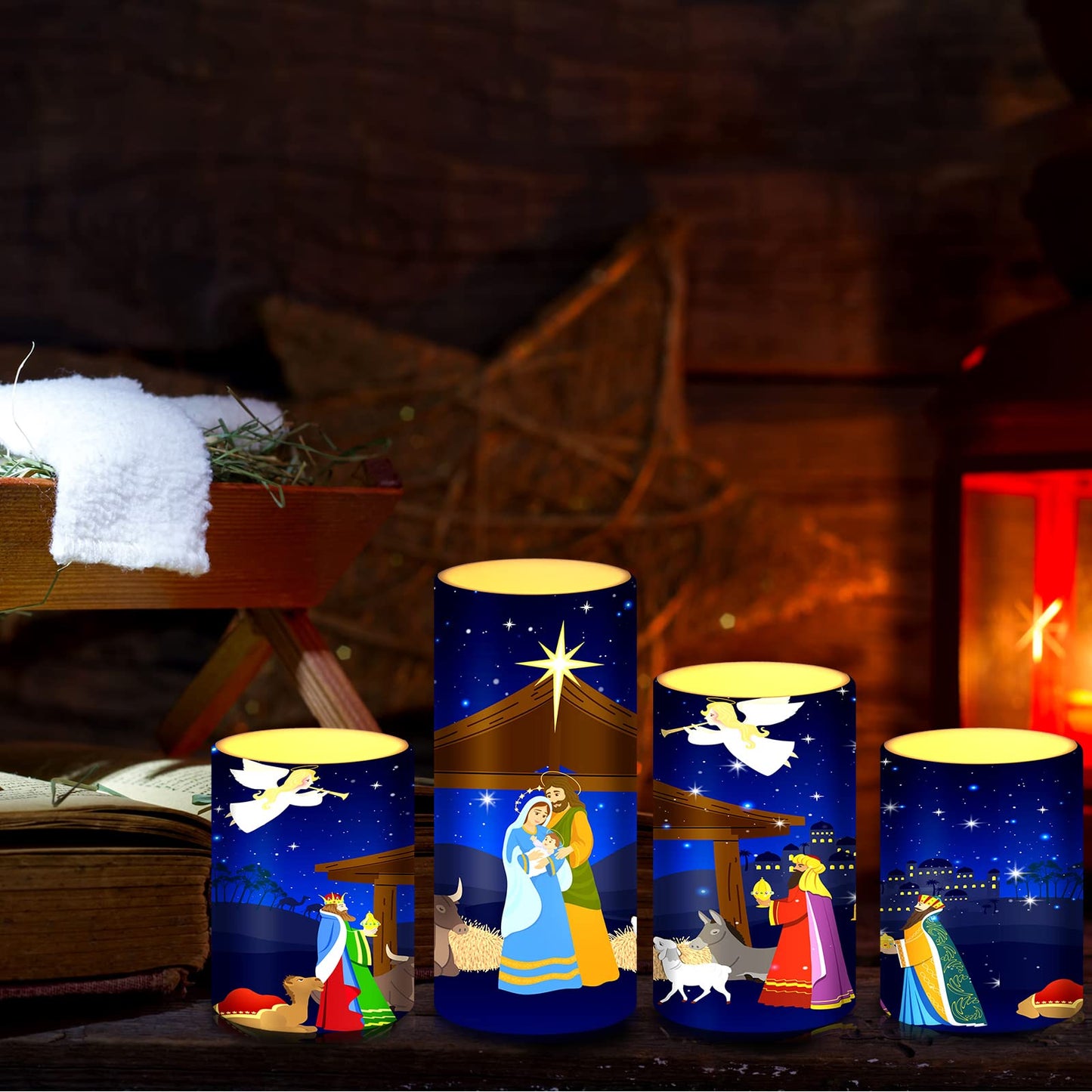 Tiamon Christmas Nativity Scene Candles LED Religious Theme Flameless Candles Battery Operated LED Warm Light Flickering Pillar for Xmas Holiday Table Decorations(Vivid)