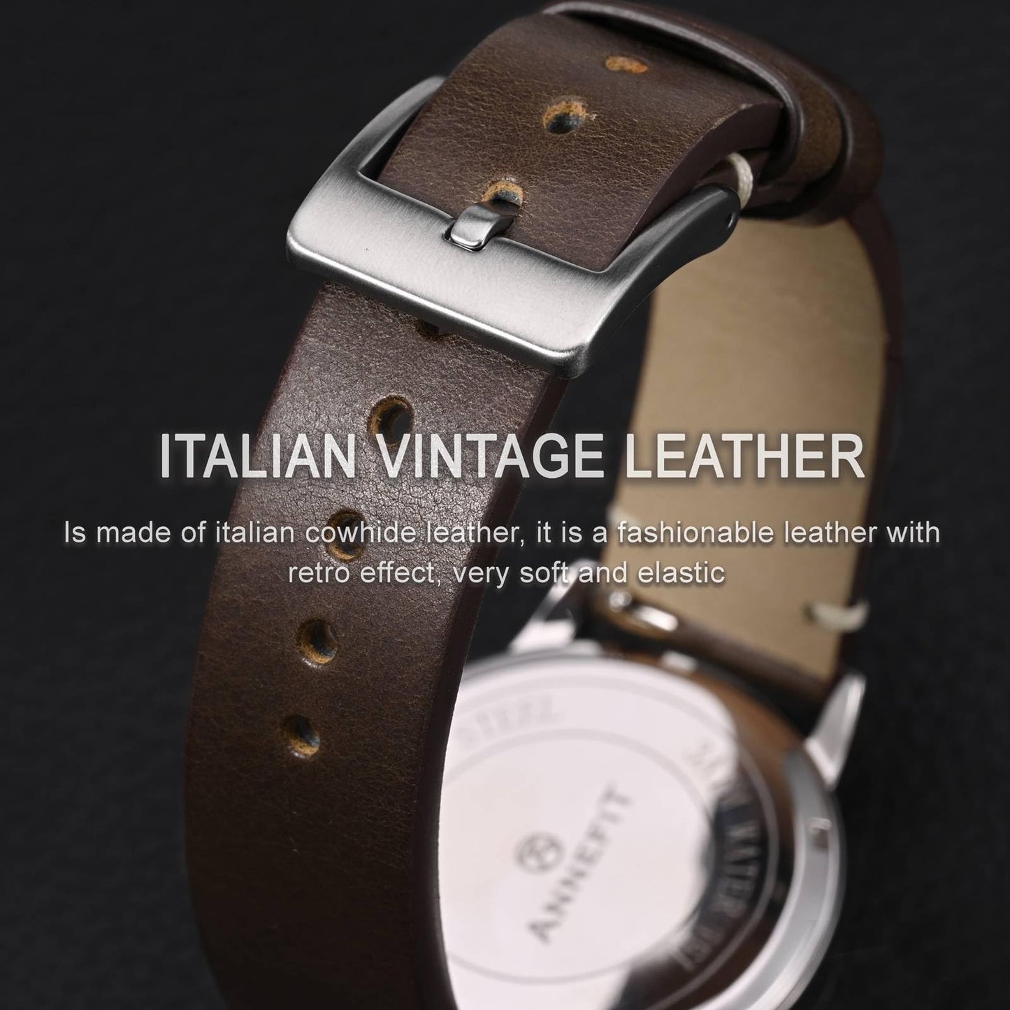 ANNEFIT Quick Release Watch Bands, Italian Vintage Leather Replacement Strap for Men and Women, Band Width 19mm (Dark Brown)