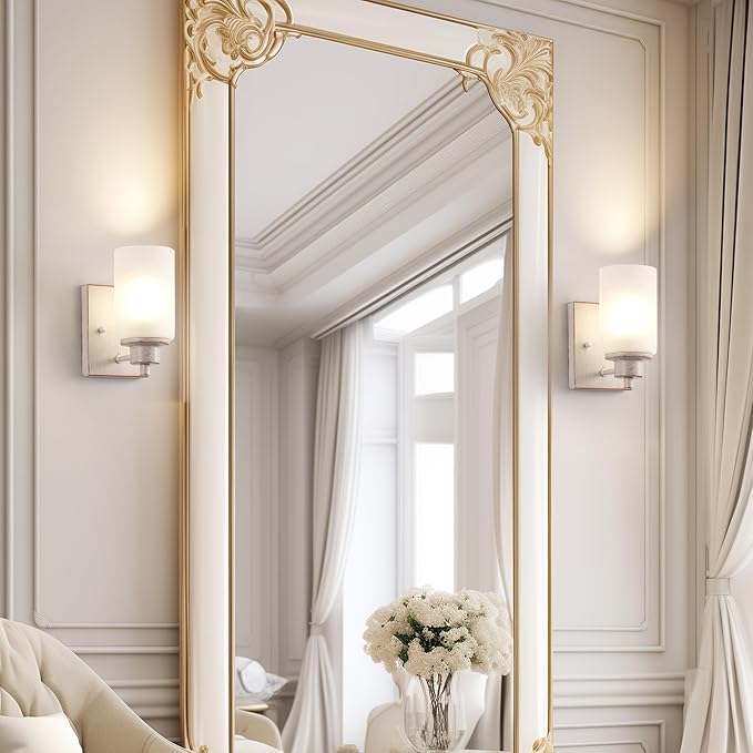 2 Pack Bath Vanity Light Fixture, Modern Indoor Wall Scone Lighting with Opal White Glass Shade, White Gold Wall Lamps