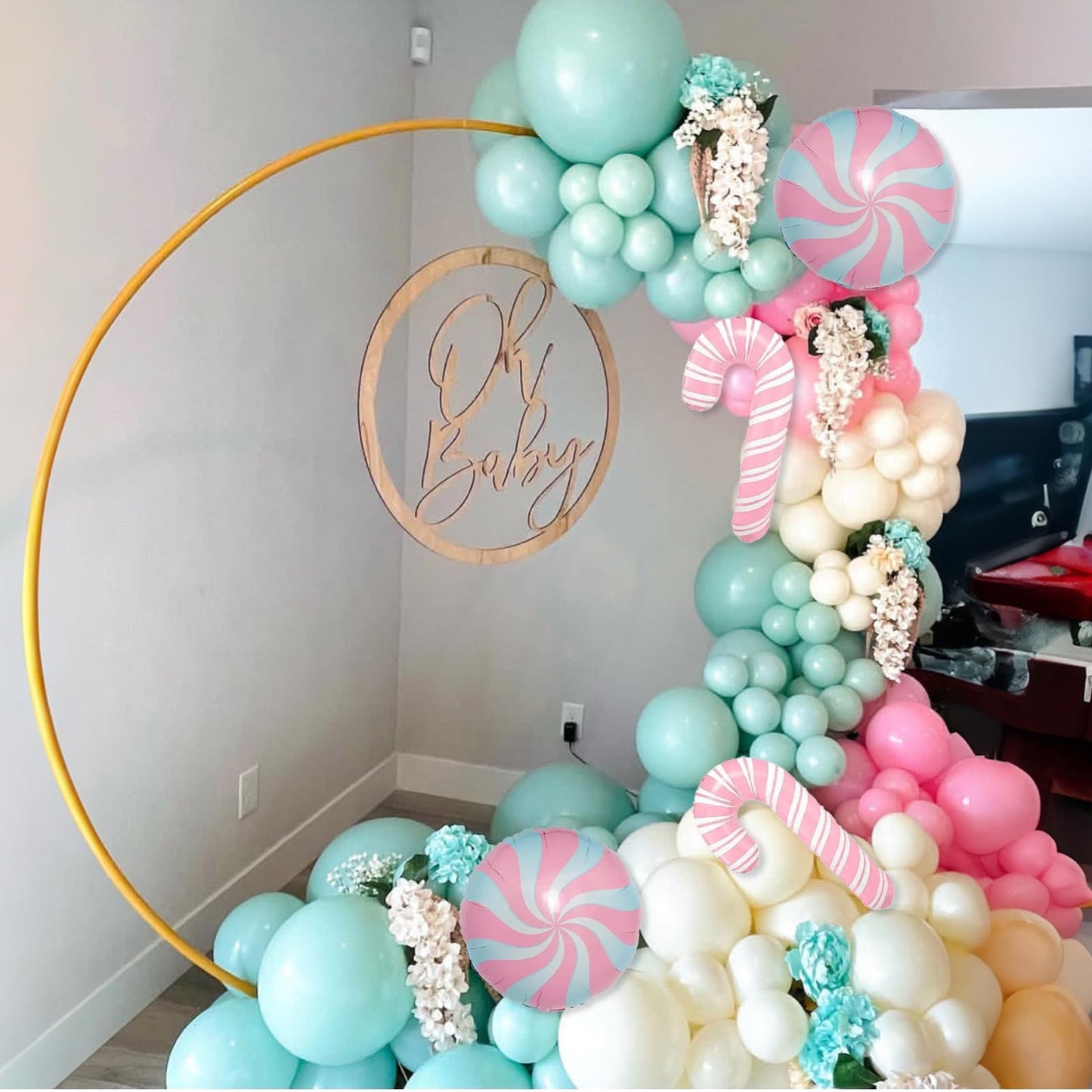 Christmas Gingerbread Balloon Garland Arch Kit Pink Teal Balloons Arch Kit with Candy Cane Foil Christmas Mylar Balloons for Xmas New Year Cookie Exchange Gingerbread House Holiday Party Decorations