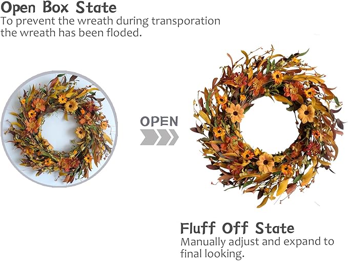 Fall Front Door Wreath,18” Artificial Floral Wreaths with Colorful Daisies and Fall Orange Wreath for Front Door Wall Window and Thanksgiving Decor