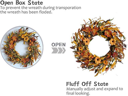 Fall Front Door Wreath,18” Artificial Floral Wreaths with Colorful Daisies and Fall Orange Wreath for Front Door Wall Window and Thanksgiving Decor