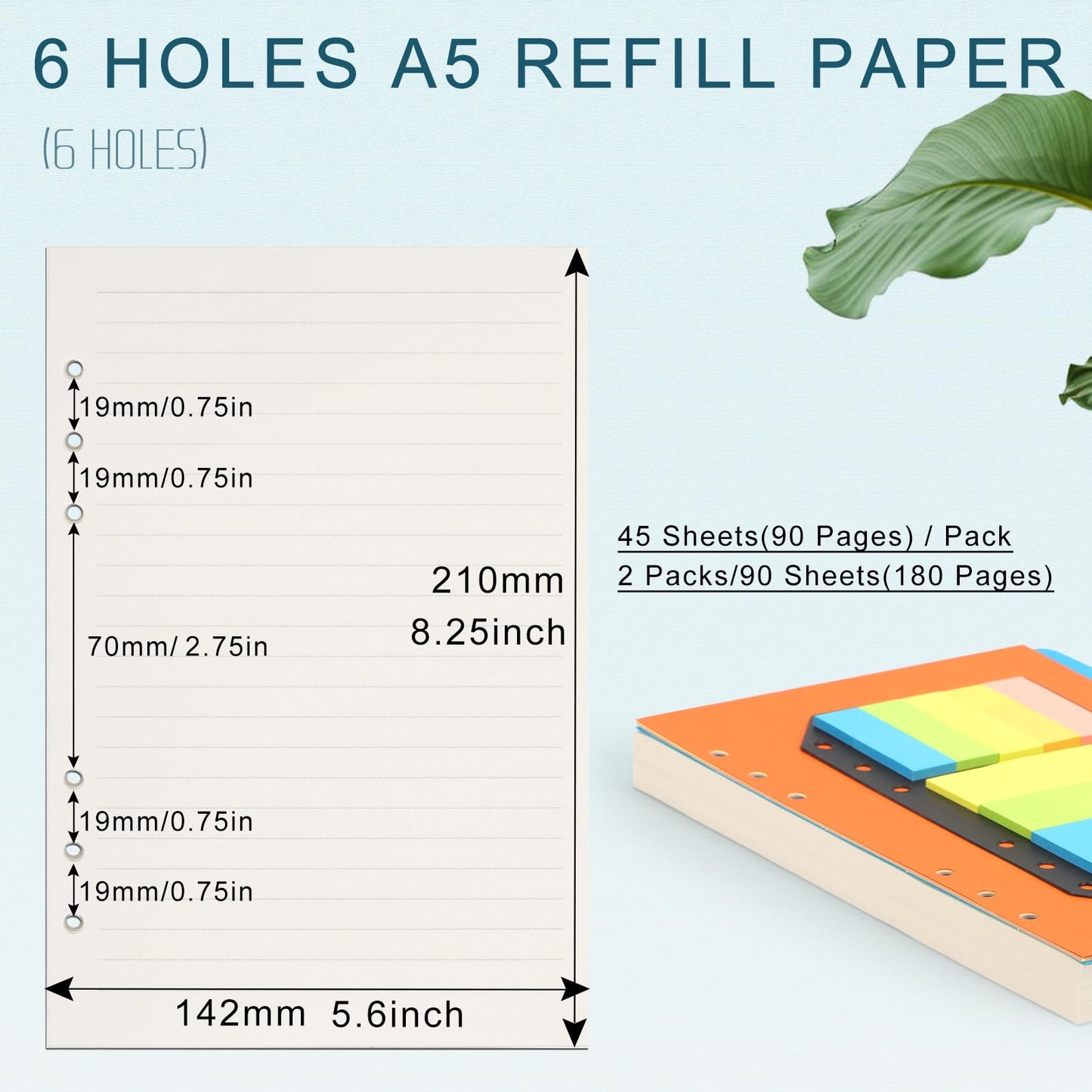 Toplive A5 Refill Paper, Lined Loose Leaf Inserts - 90 Sheets (180 Pages) with 5 Colorful Dividers & 1 Pack Sticky Notes, Refillable for 6 Ring Binder, Journal & Notebook-Perfect for Daily Notes,Study