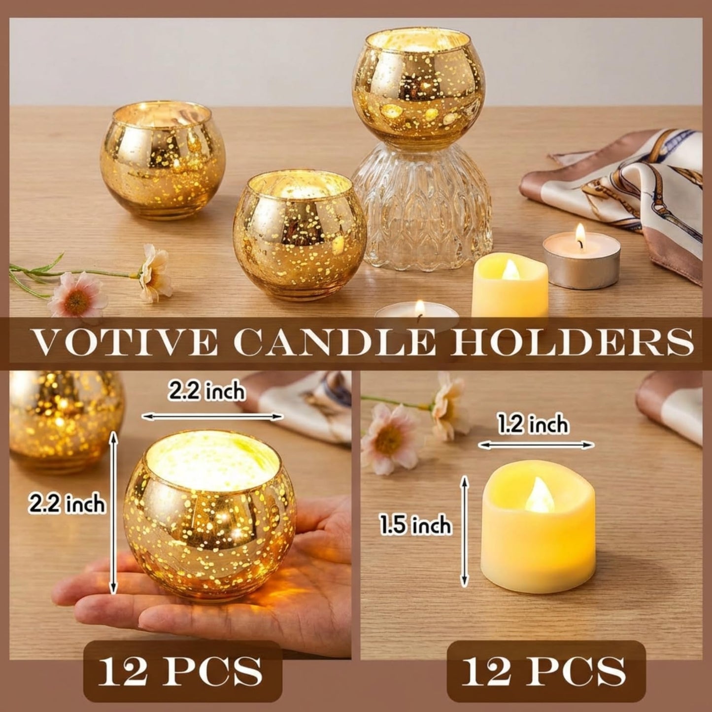 Rtteri 12 Set Votive Candle Holders Wedding Centerpiece Table Decorations Speckled Mercury Glass Votive Candle Holders with Tea Lights Birthday Party Decorations for Home (Gold)