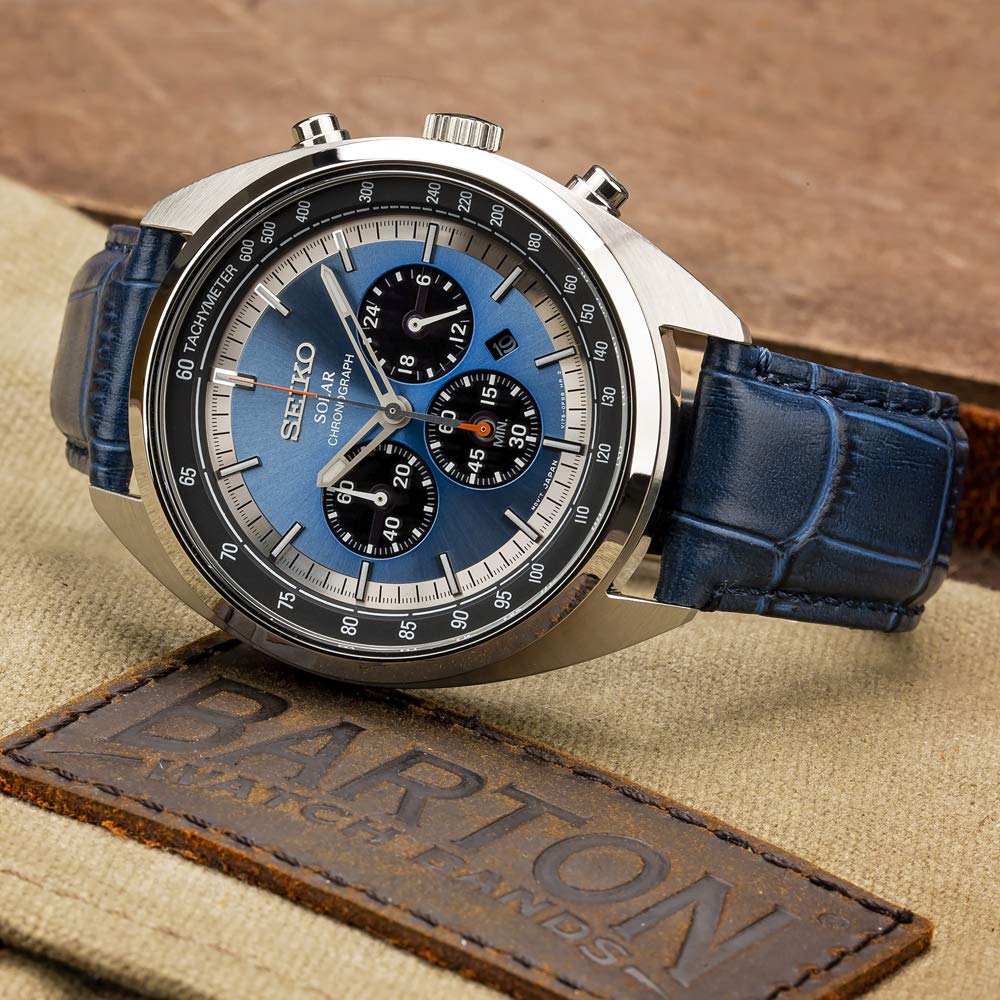 BARTON WATCH BANDS Alligator Grain Cowhide Leather - Quick Release Leather Watch Bands, Standard Length, Navy Blue & Stainless Steel Buckle, 22mm