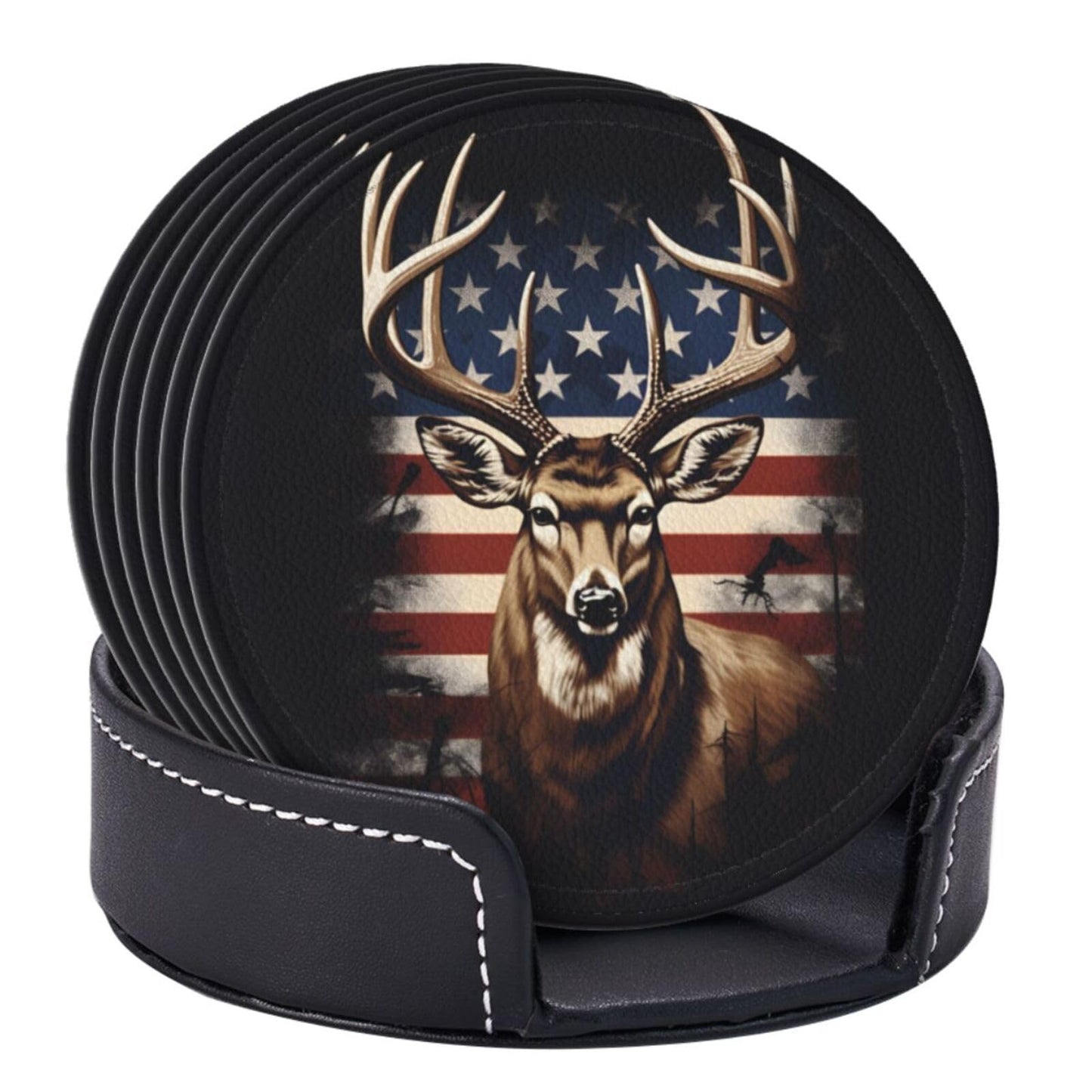 Neukim 6 Pcs American Hunting Deer Leather Coasters for Drinks with Holder Round Mug Mat Table Desk Coasters Set Cup Coasters for Living Room Kitchen Coffee Decor