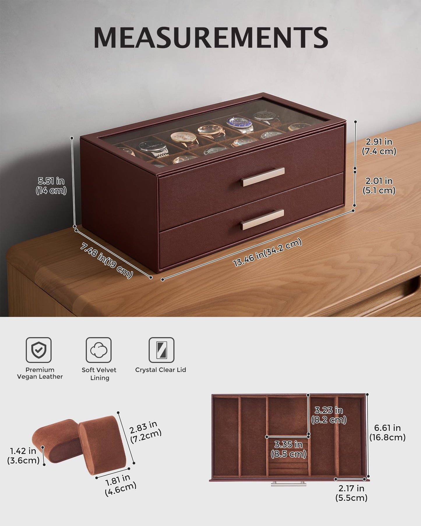 ProCase 12-Slot Watch Box, 2-Tier Pull-Out Drawers Display Case for Men, Fathers Day Gift for Dad Men with Clear Top Lid, Jewelry Sunglass Storage Organizer, Anniversary Birthday Gifts -Espresso