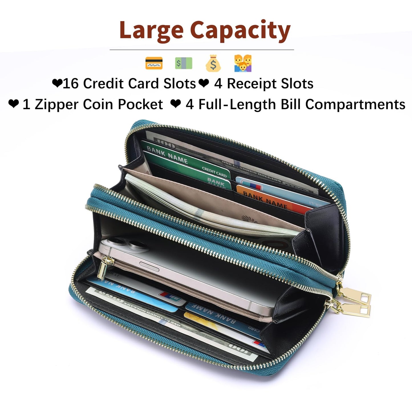 GOIACII Women's Wallet Large Capacity Double Zip Around Credit Card Holder Leather Ladies Wallet with RFID Blocking Phone Wristlet Purse Teal