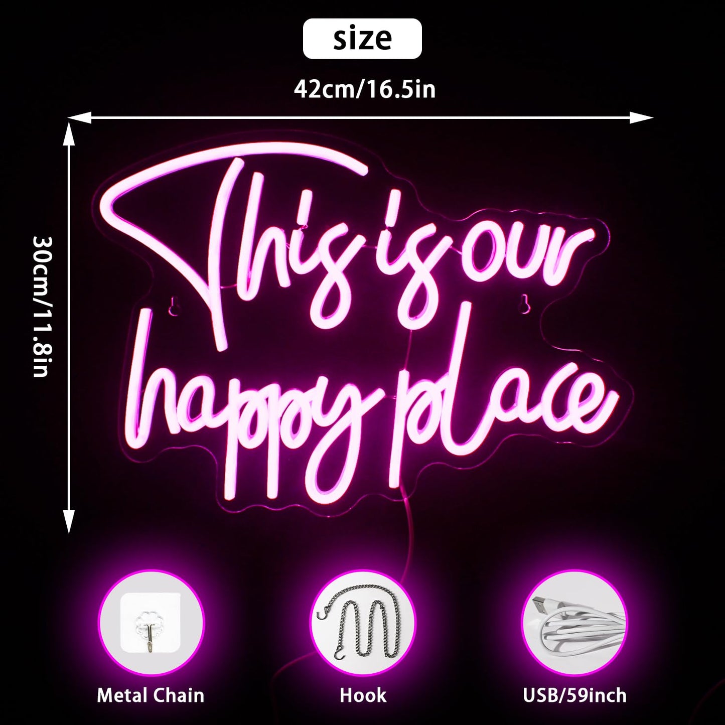 NOSUN This is Our Happy Place Neon Sign Pink Neon Signs for Wall Decor Pink Neon Light Sign with Dimmable Letter Neon Signs for Bedroom Bar Party Club Home Wedding Birthday Party LED Decorations