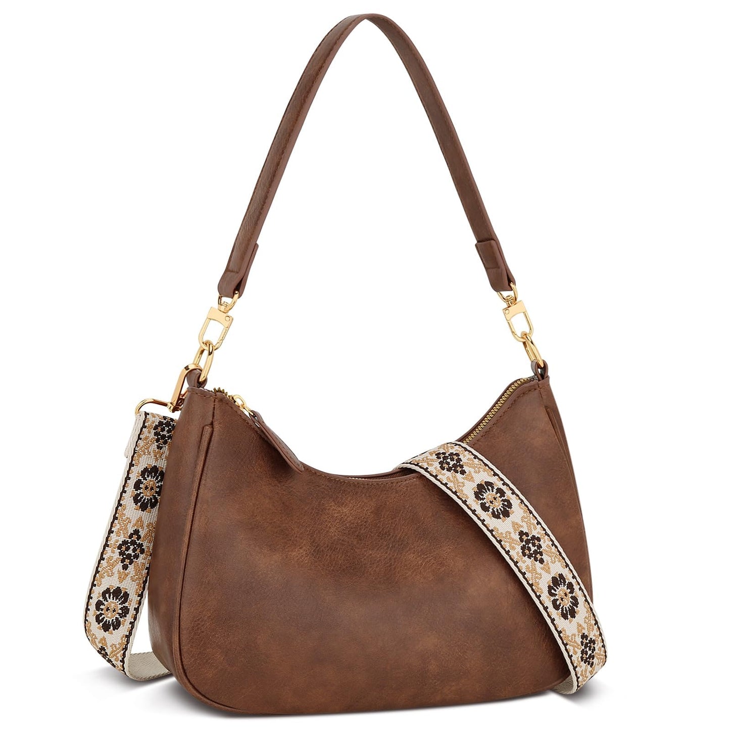 KKXIU Small Cute Purses for Women - Vintage Shoulder Bag, Boho Crossbody Bag with Detachable Ajustable Wide Strap, Trendy Hobo Handbags, PU Leather Clutch Purse (Brown)