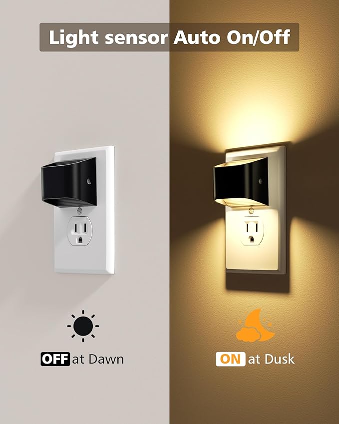 VOLISUN Night Lights Plug into Wall, 4 Pack Up and Down LED Night Light with Dusk to Dawn Light Sensor, 3000K Warm White Nightlight for Hallway, Bedroom, Bathroom, Kitchen Black
