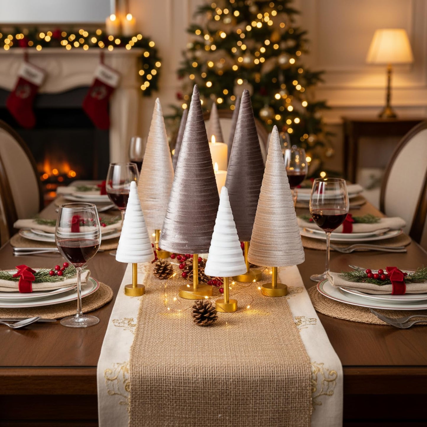 Hoolerry 6 Pcs Christmas Velvet Trees with Gold Pedestal Christmas Velvet Cones Tree Mantel Decor Modern Rustic Winter Home Minimalist for Holiday Entryway Table Wedding Centerpiece(Gold Brown)